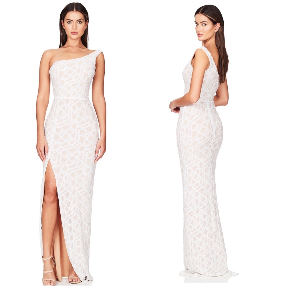 Nookie Eclipse Sequin Embellished One Shoulder Gown White Maxi Dress Small NWT